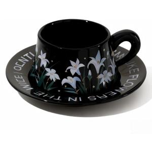 Cute Ceramic Coffee Mug and Saucer Set for Women, Spring Floral Embossed Design, 9.5oz/280ml, Perfect for Home, Office & Holiday Gifts (Black Lily)