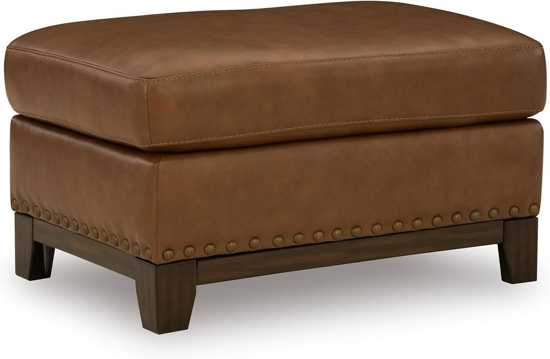 Signature Design by Ashley Brendola Transitional Leather Match Ottoman with Nailhead Trim, Light Brown