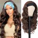 xccoco Brown HeadBand Wigs for Women Long Wavy Headband Wigs 24inch Put On and Go Glueless Wig Loose Curly Synthetic Half Wig Natural Looking Long Wigs for Women 200% Density