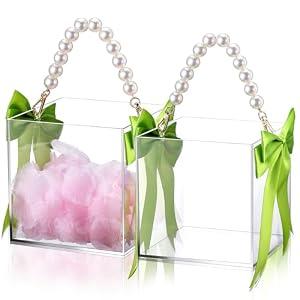 SiliFine 2 Pcs Wedding Flower Girl Baskets with Cute Pearl Handle and Ribbon Bow Acrylic Baskets Petal Holder for Flower Girls for Confetti, Wedding Bridal Ceremony Baby Shower Decoration