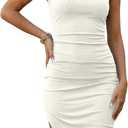 Wenrine Womens Summer Tank Dress Casual Sleeveless Ruched Bodycon High Slit Party Club Beach Midi Sundress (White) Medium