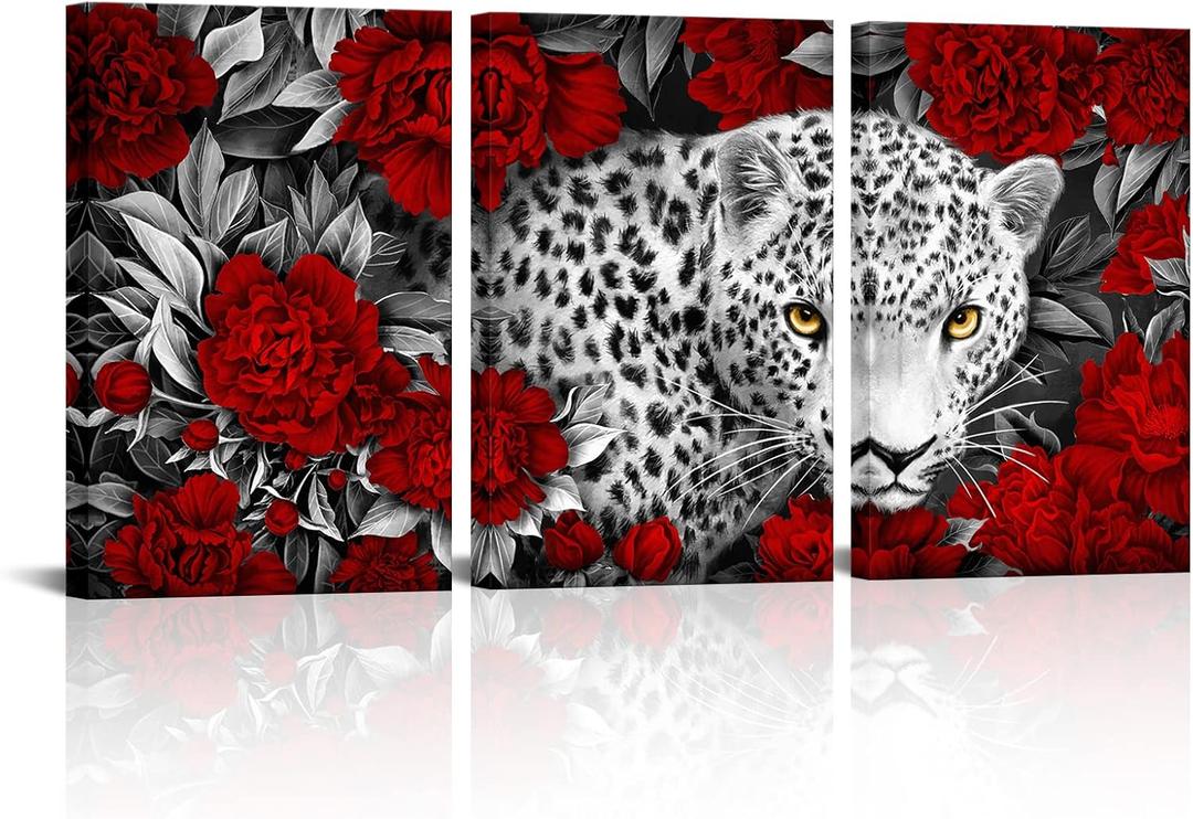 Kalormore 3 Pieces Wildlife Animal Canvas Wall Art Black and White Burgundy Red Leopard with Yellow Eyes in Blossom Poeny Flowers Painting Picture Framed and Stretched Artwork for Modern Living Room (16 x 24 inches)