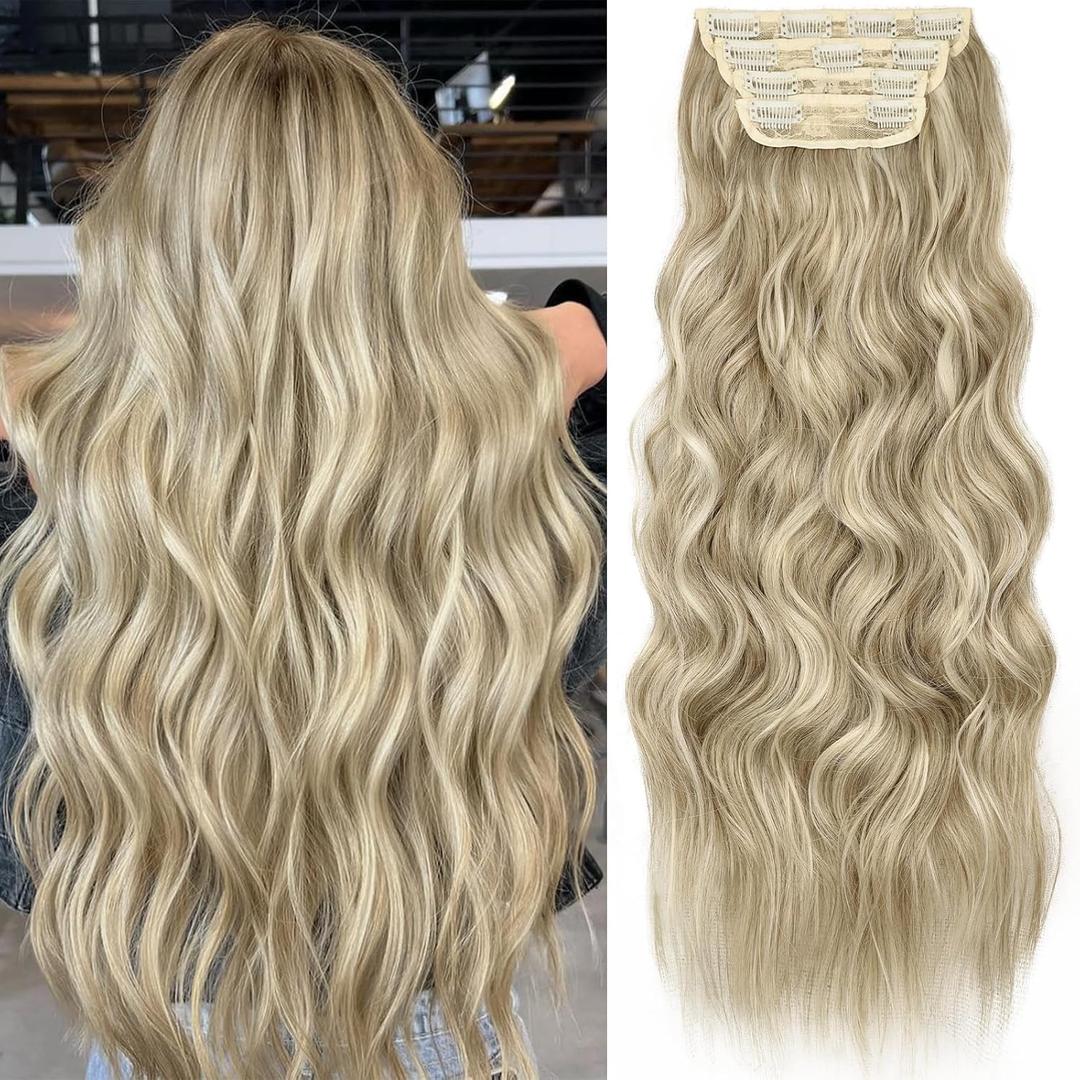 KooKaStyle Clip in Synthetic Highlight Hair Extensions Long Wavy 4PCS Thick Hairpieces Ashy Beige Blonde Balayage Fiber Double Weft Natural Hair Extensions 24 Inch for Women
