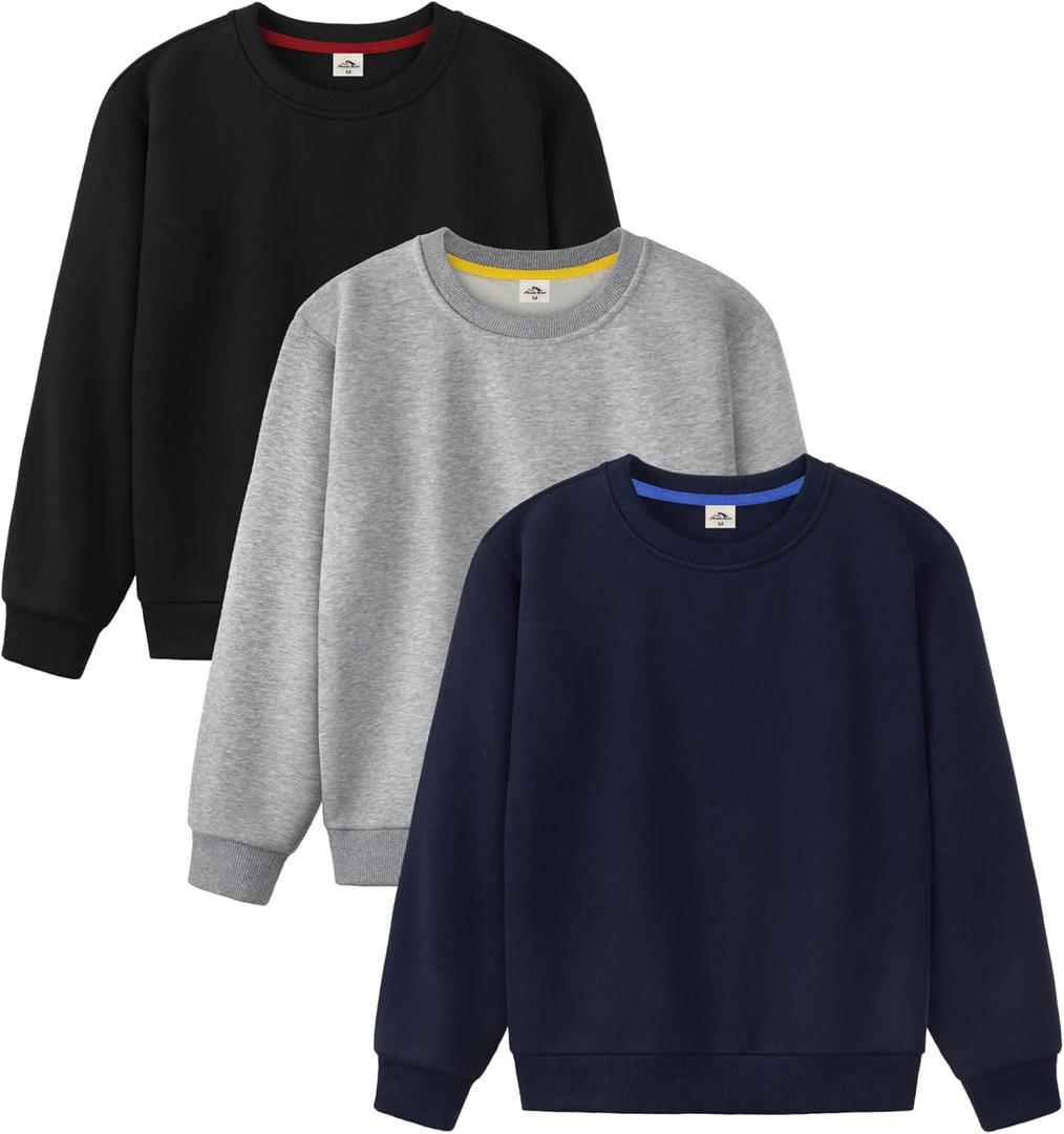 3 Pack Boys Sweatshirts Fleece Cotton Boys Long Sleeve Shirts Crewneck Kids Sweatshirts Soft Pullover Tops for Kids (Large, Black, Navy Blue, Grey)