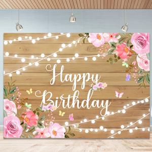 Happy Birthday Backdrop for Women Pink Watercolor Flowers Wooden Wall Glitter Lights Birthday Photography Backdrop Women Birthday Party Backdrop Decoration Cake Table Banner Photo Studio Props 7x5Ft (S2)