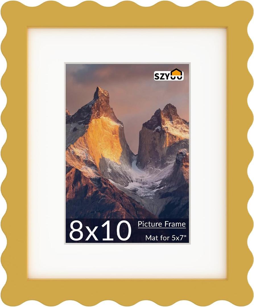 8x10 Wavy Picture Frame with Mat for 5x7, Real Glass and Wooden Frame - Tabletop or Wall Hanging Photo Frame(1 Pack, Yellow)