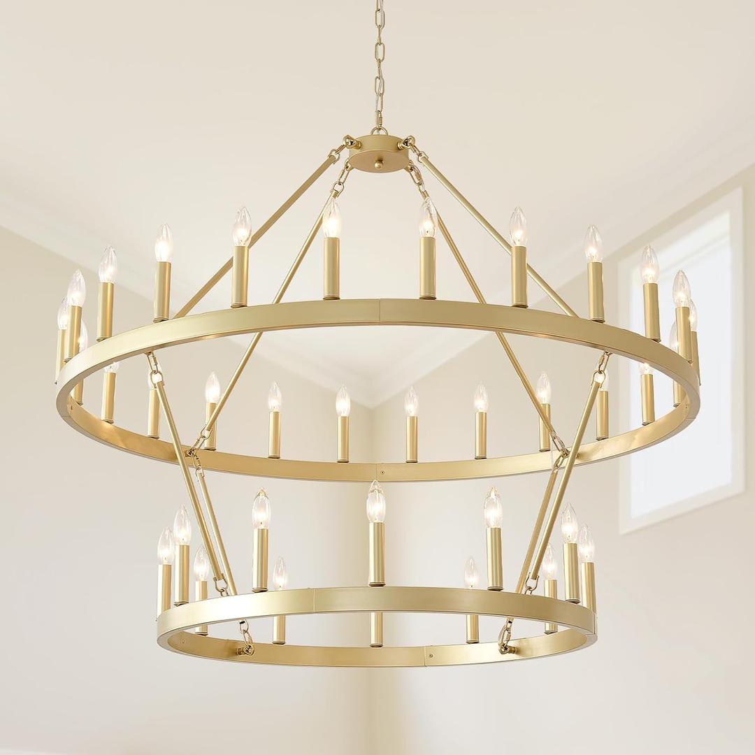HHR 48" Gold Wagon Wheel Chandelier 2 Tiers, 36-Light Large Farmhouse Chandelier for High Ceilings, Round Rustic Pendant Light Fixture for Foyer, Entryway, Dining Room, E12
