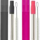 NAIVELY-Metal Reusable Straws, 2 Pack Collapsible Portable Stainless Steel Straws, with Plastic Housing Silicone Tips and Cleaning Brush, Retractable Portable Pocket Drinking Straws (Gray, Pink)