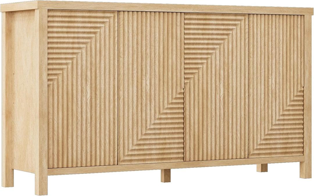 Buffet Cabinet with Storage, Fluted Sideboard Wood Accent Cabinet, Large Kitchen Buffet Storage Boho Console for Dining Room, Living Room, Entryway, Hallway - Natural Wood, 4 Doors