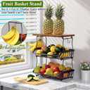 OKZEST 3-Tier Fruit Basket for Kitchen Counter with Banana Hangers, Countertop Organizer Fruit Bowls with Wood Top, Fruit Storage Basket Stand for Storage Potato Onion Bread Snack Fruit Veggie