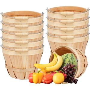 10 Pack 7.9 x 5.9 Inch Round Wooden Baskets Empty Fall Harvest Basket Wood Fruit Bucket with Handle Fruits Vegetables Storage Container for Farmer Fruits Vegetables Garden Party Supplies