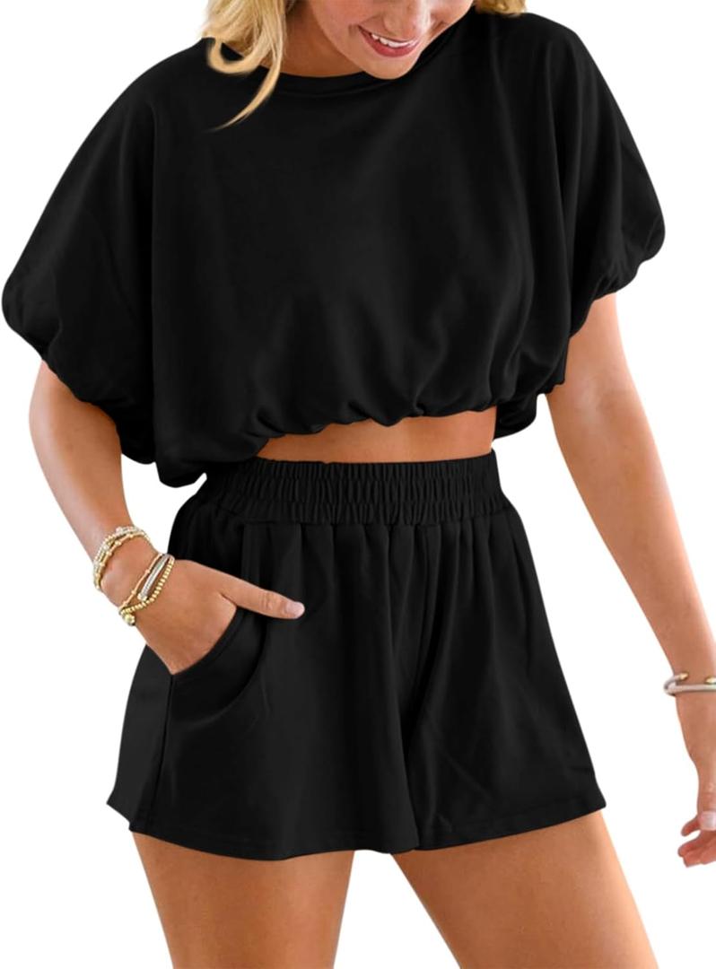 Womens 2 Piece Shorts Sets Summer Bubble Crop Tops Casual Loose Lounge Set 2026 Travel Outfits (Medium, Black)