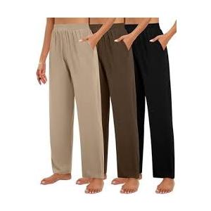 Leg Pants for Women - Casual Soft High Waist Lounge Pants Loose Comfy Stretchy Trousers , Size M, Brown, Black, Beige, 3 psc