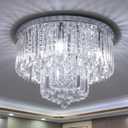 Crystal Chandelier Flush Mount Ceiling Light W18 x H13, 5 Lights Modern Round Raindrop Crystal Chandeliers Light Fixtures for Bedroom Living Room Entryway, Chrome Silver