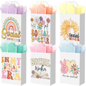 Sweetude 24 Pcs Social Worker Appreciation Gift Bags with Tissue Paper, Social Worker Month Paper Bags Bulk with Handle for Women Men Volunteer Retirement Coworker Party Decor