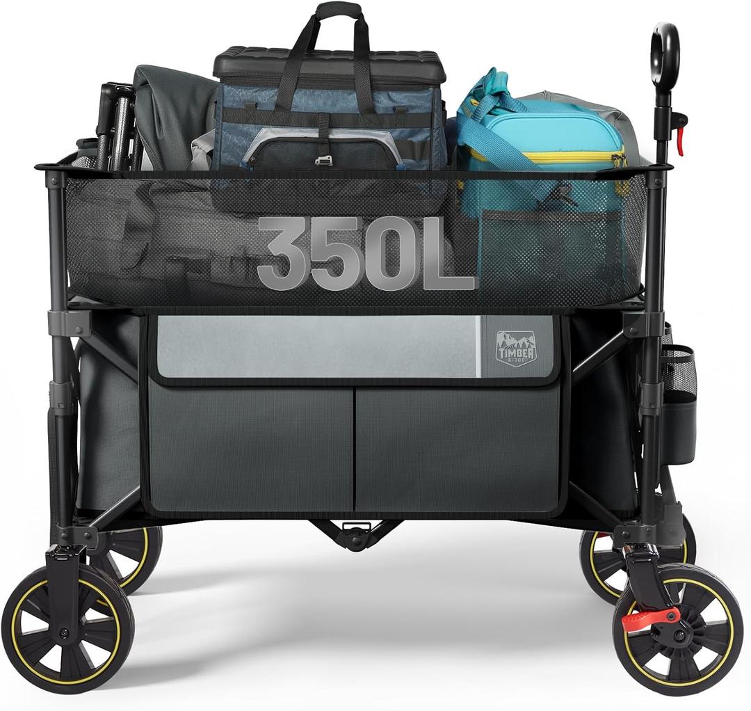 TIMBER RIDGE 350L Extra Large Collapsible Folding Wagon Carts with Brake, Heavy Duty Outdoor Camping Utility Wagons with Extended Height, Adjustable Handle, Cup Holders, Side Bag (Gray) (Wheel with Brake)