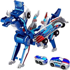 Collision Transforming Dinosaur Car Toy 2 Cars Crash & Transform into Dinosaur Robot Toys for Kids Fun Gift for Boys & Girls, Birthday & Christmas,Easter Basket Stuffers (Blue Dragon)