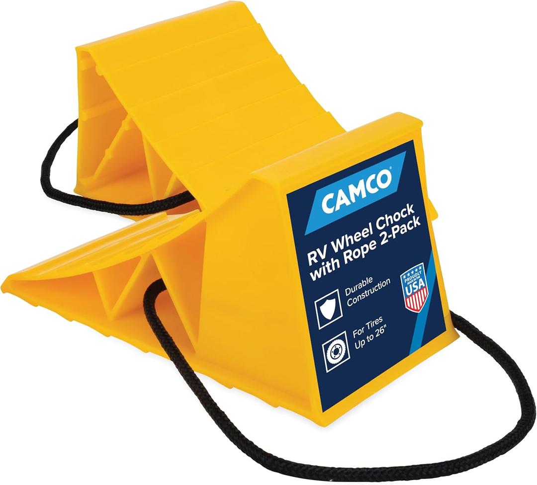 Camco Camper & RV Wheel Chock with Rope - Keeps Trailer in-Place to Safely Unhitch or Park - Compatible with Wheels Up to 26 in Diameter & Molded of Heavy-Duty Hard Plastic - 2-Pack - 44471