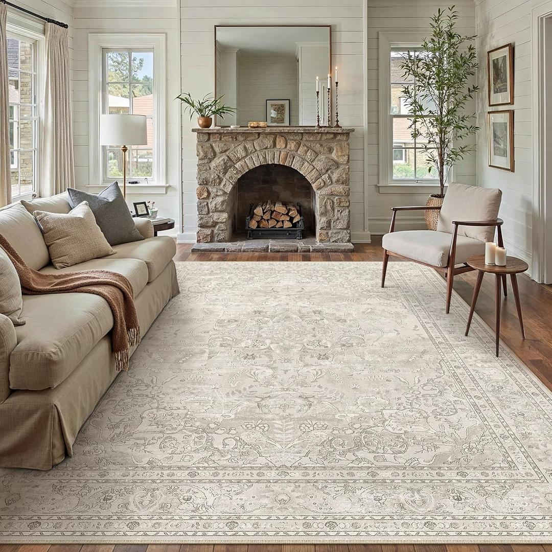 PureCozy Beige 8x10 Area Rug Washable Vintage Carpet for Living Room Bedroom Large Soft Retro Floral Low Pile Thin Indoor Rug Non Slip Central Medallion Floor Cover for Dining Room Office