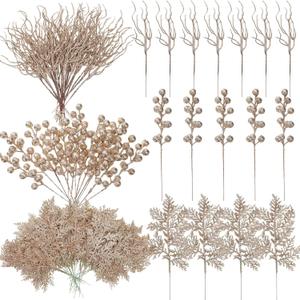 75 Pcs Halloween Glitter Branches 3 Styles Artificial Christmas Picks Berries Stems Pine Needles Floral Twig Spray for Xmas Tree Ornaments DIY Wreath Garland (Champagne Gold)