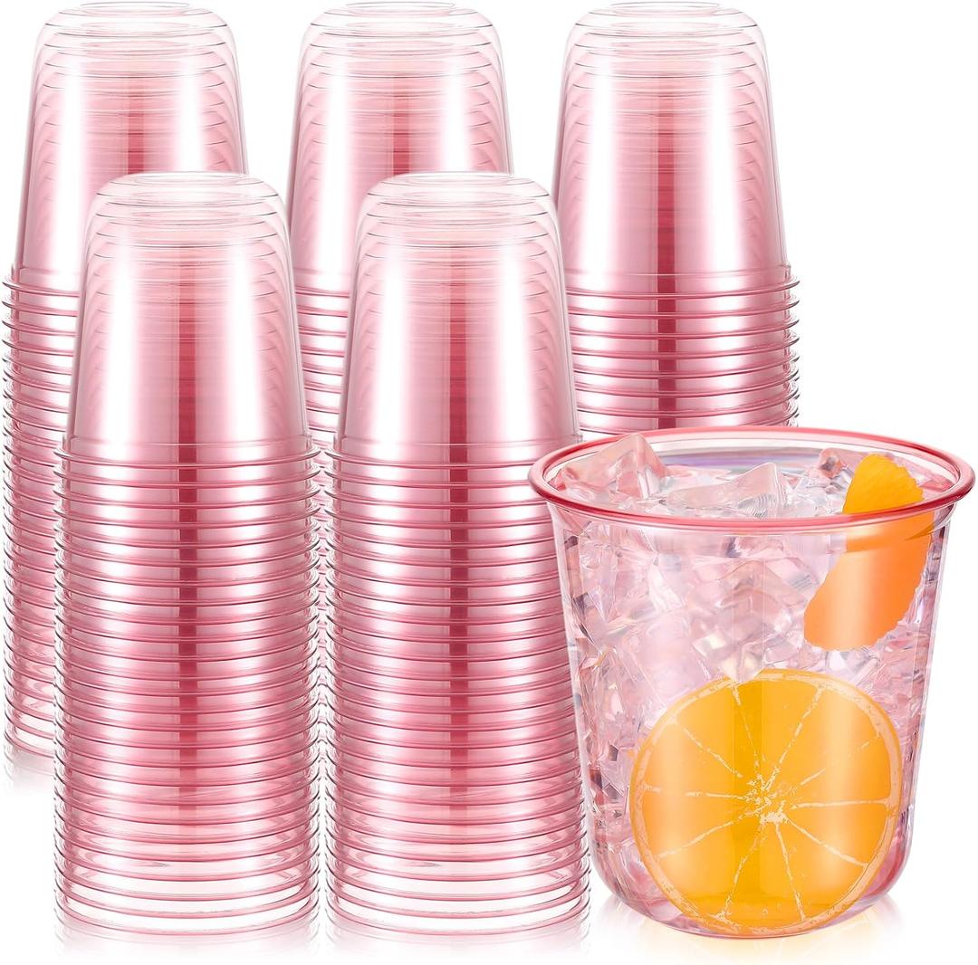 Ziliny 200 Pcs Disposable Stemless Glasses 12oz Crystal Plastic Wine Glasses Clear Classic Pet Cup for Meeting Weddings Birthdays Cocktail Christmas Party Supplies (Pink) (EXP 08/15/29)