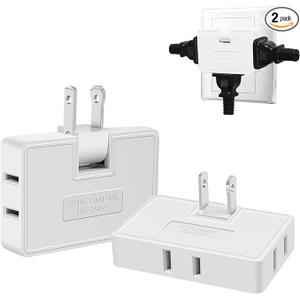 Way Flat Wall Outlet Extender Adapter- 2 Pack 180 Degrees Rotatable Flat Plug AC Adapter, 2 Prong Foldable Swivel Outlet Extender, Outlet Splitter for Behind Furniture (White, Type A)Amazon's Choice