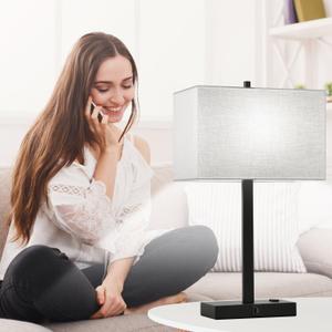 21" Touch Bedside lamps with 2 USB & AC Outlets, 3-Way Dimmable Bedside Table Lamp Set for Bedroom Living Room Office Reading, Gray Shade Lamps for Night Stands Has Damage