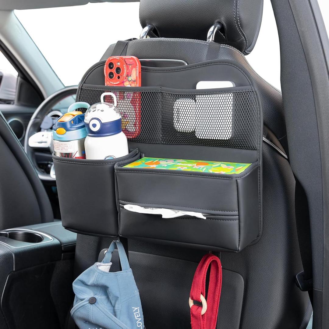 PU Leather Car Tissue Holder - 100-160 Tissue Capacity, Multi-Purpose Storage Bag for Auto Backseat & Front Headrest, Durable Auto Seat Organizer Accessory (Black)