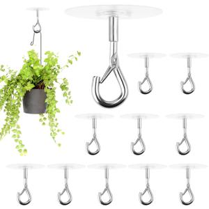 Sankoly 12 Pcs Self Adhesive Ceiling Hooks No Drilling Ceiling Hooks Stainless Steel Eye Hooks for Hanging Small Plants Wind Chimes, Secure/Enclosed Design, Easy to Open