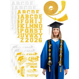 2 x JULBEAR Graduation Stole Class of 2026, 8 Sheets Graduation Iron on Stickers Graduation Cord DIY Black Graduation Stole Gold Honor Cord Unisex Adult Graduation Sash Letters Patterns Number Patches