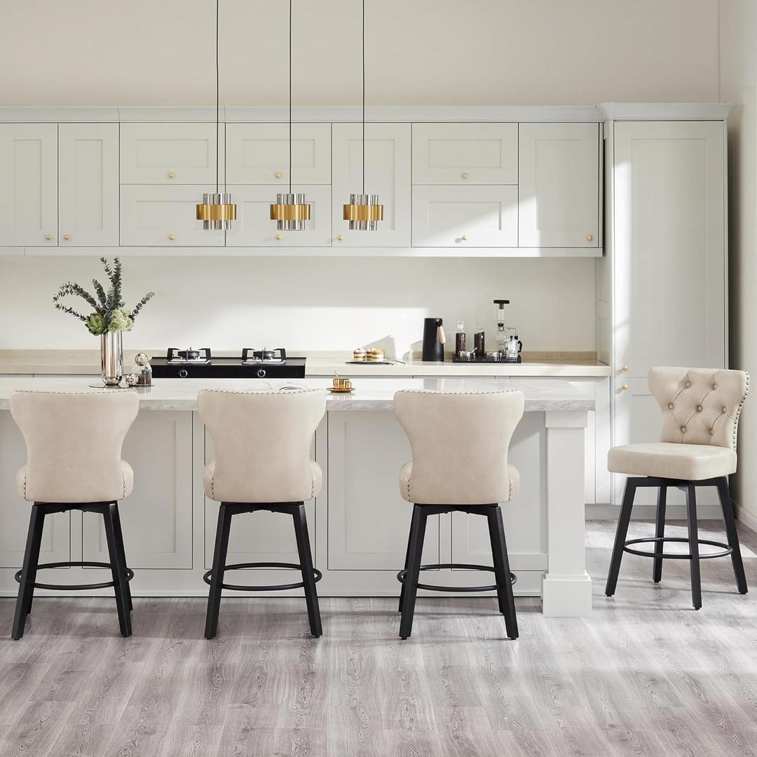 Counter Height Barstools 26 inch Upholstered Button Tufted Swivel Bar Stools with Back and Wood Legs for Kitchen Island,Set of 4,Beige-Nailhead Trim