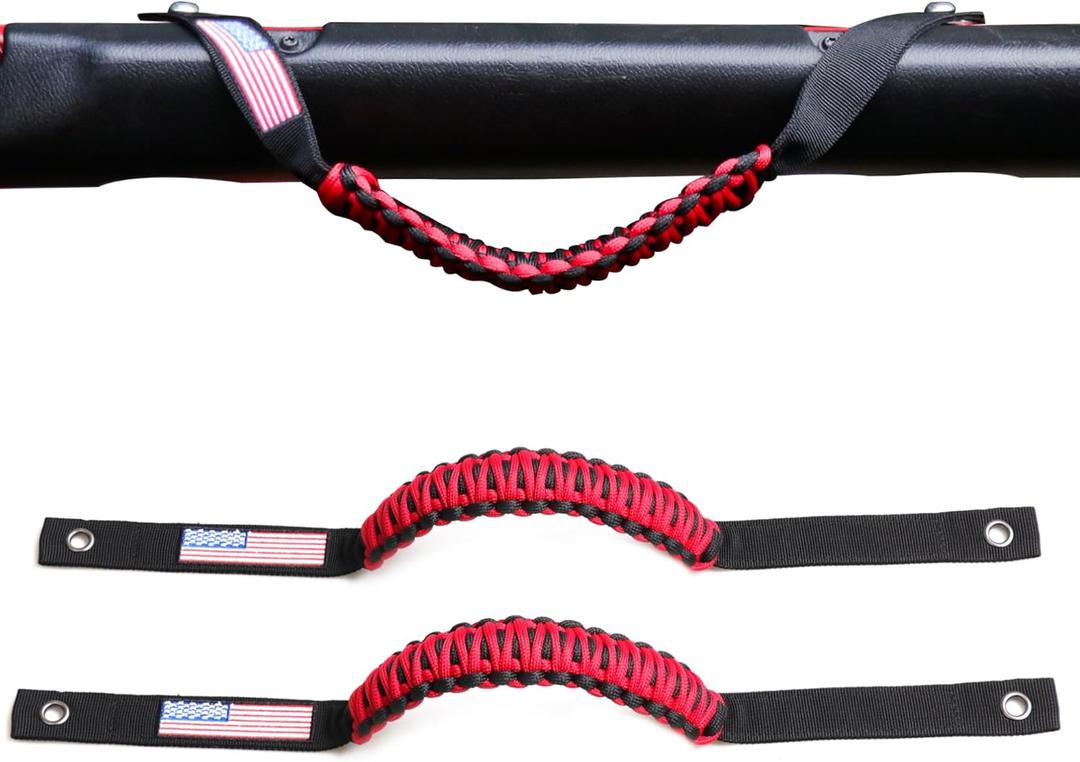 RERPRO Front Door Roll Bar Grab Handles Compatible with 20182024 2025 Jeep Wrangler JL 2/4 Door 4XE Gladiator JT Interior Accessories Paracord Grip Handle Keep Airbag Function, 2 Pack Red Classic