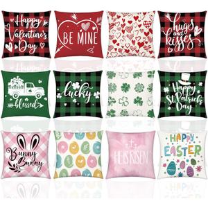 VitalCozy 12 Pcs Valentine's Day Pillow Covers 18 x 18 Inch St Patricks Day Easter Throw Pillow Covers Buffalo Plaid Seasonal Holiday Pillowcases for Couch Sofa Bed Home Decor Gifts Party
