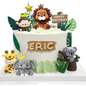 22PCS Safari Animal Cake Toppers & Wild One Birthday Decorations - Jungle Cake Topper with Leaves for Animal Themed Birthday Party Decorations, Safari Cake Decorations for Zoo Theme Cakes Accessories