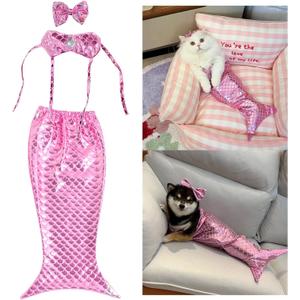 Cat Fishtail Costume, Pet Costume Suit, Puppy Kitten Fishtail Costume, Cat Holiday Dress Up (Pink)