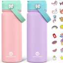 GoKEDA 18oz Kids Water Bottle, 2 Pack Insulated Bottles with Stickers, 18/8 Stainless Steel Vacuum Leak Proof Straw Cup for School, Gifts for Girls(Pink, Purple)