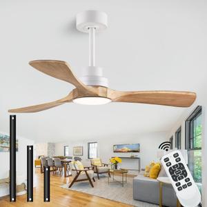 42" Ceiling Fans with Lights with Remote Control, Indoor Outdoor Wooden Ceiling Fan with 3 Wooden Blades for Patio, Living Room, Dining Room, Farmhouse and More. (White + Log Color)