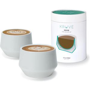 KRUVE IMAGINE Porcelain Latte Coffee Cups, Double Walled Espresso Cups, Glass Cups Set of Two - 8.5oz Thermal Spherical Design for Latte Art, Insulated Coffee Mugs for Heat Retention (White)