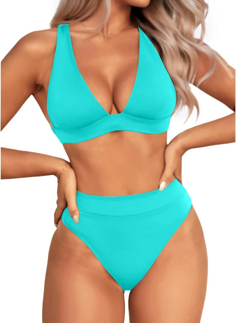Yonique Thong Bikini Set High Waisted Two Piece Swimsuit High Cut Bikini V Neck Bathing Suit (M)