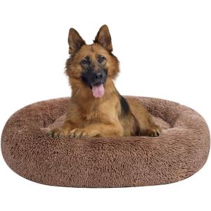 Coohom Oval Calming Donut Cuddler Dog Bed,Shag Faux Fur Cat Bed Washable Round Pillow Pet Bed(30"/36"/43") for Small Medium Dogs (L(30"x24"x7"), Camel)