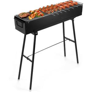 IRONWALLS Portable Charcoal Grill 32 Inch, Black Folding Stainless Steel Barbecue Grill for Outdoor Cooking, Large Lamb Skewer Grill for Patio, Party, Picnic, Travel, Camping, Home & Commercial Use