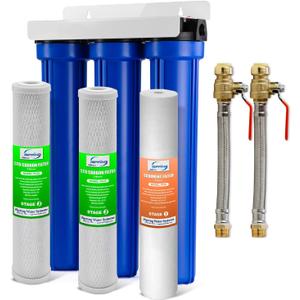 iSpring WCB32O+AHPF12MNPT12X2 Whole House Water Filter System, Reduces up to 99% Chlorine, Sediment, Taste, Odor, 3-Stage Water Filtration System w/ 3/4" Push-fit Stainless Steel Hose Connectors