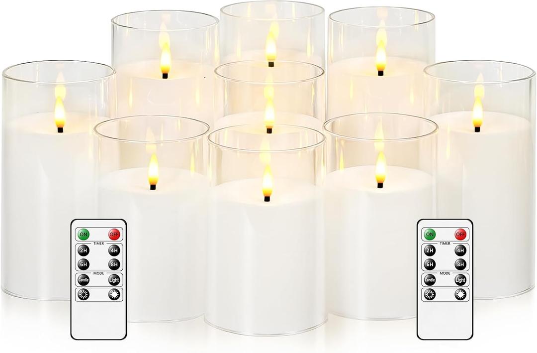 kakoya Flickering Flameless Candles Battery Operated with Remote and 2/4/6/8 H Timer Acrylic Led Pillar Candles Pack of 9 (D 3" xH 4" 5" 6") with Realistic 3D Wick Candles for Home Decor(White)