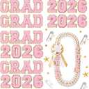 Lyrow 32 Pcs Self Adhesive Grad 2026 Iron on Patches Sew on Chenille Letter Patches Glitter Graduation Embroidered Applique Decor Exclude Lei for DIY Cloth Graduation Decor 2.1 Inch(Pink)