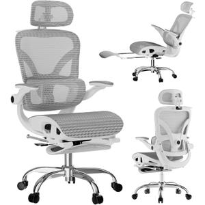 Alllion Ergonomic Mesh Office Chair, Home Desk Chair Comfy High Back with Adjustable Lumbar Support, 3D Headrest, Flip-up Arms, Big and Tall Reclining Computer Gaming Chairs for Men Women, Grey