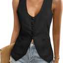 Tankaneo Womens Scoop Neck Blazer Vest Summer Linen Sleeveless Fitted Waistcoat Work Casual Cotton Suit Tops (XL, Black)