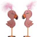 2 Pcs Pink Flamingo Decor, 7.1" H Wooden Flamingo Figurines, Summer Tropical Table Shelf Desk Tiered Tray Decorations for Home Indoor Office, Hawaii Party Supplies