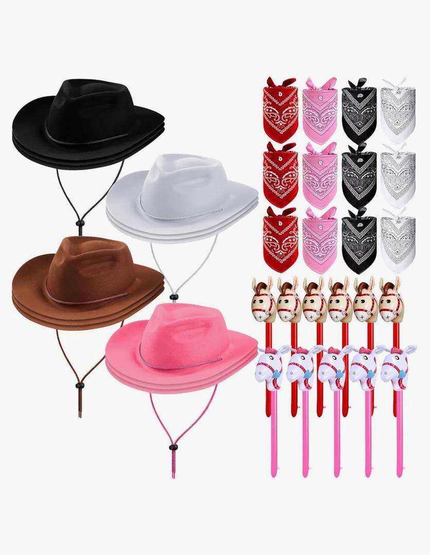 Xtinmee 36 Pcs Cowboy Party Costume Set, Cowboy Hats Paisley Bandanas Inflatable Stick Horses Kids Halloween Party Supplies
