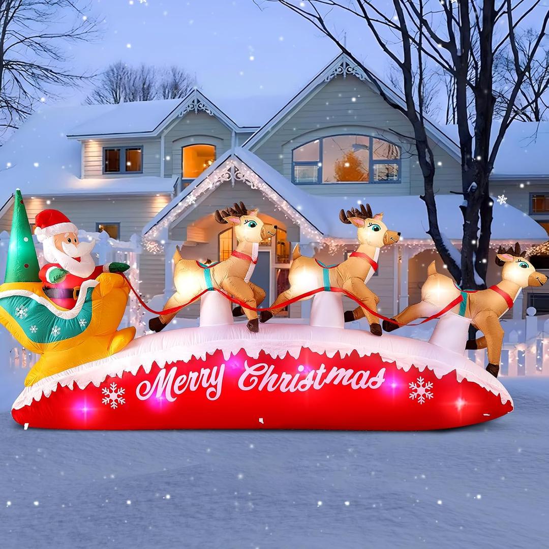 Danxilu Christmas Inflatables 10 FT Long Santa Sleigh with Reindeer Outdoor Decorations, Built-in Colorful LEDs Santa Claus Deer Sled Blow Up Yard Decoration for Outside Lawn Holiday Xmas Decor