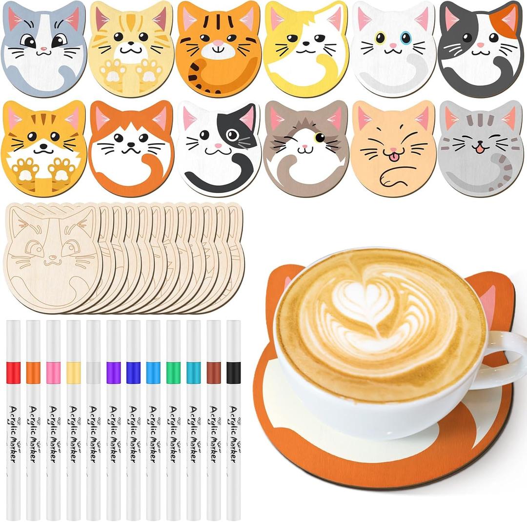 Patelai 24 Pcs Cat Coasters Craft Set Wooden DIY Coasters Painting Kit with Markers Unfinished Cat Slices Make Your Own Wood Ornament Gift for Adults Handmade Holiday Decor Supplies